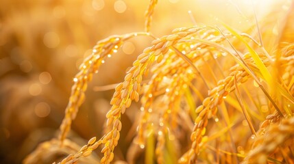 A field of golden rice with a bright sun shining on it