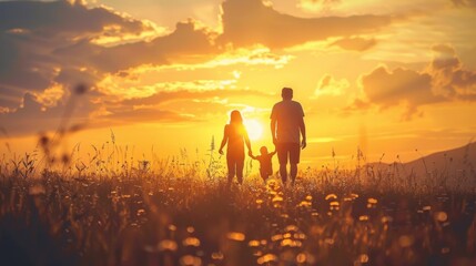 Fototapeta premium happy family walk in silhouette at sunset. mom, dad and children walk holding hands in the park.