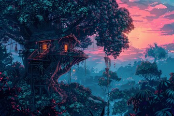 Obraz premium Treehouse in Enchanting Jungle at Sunset with Lofi Vibes