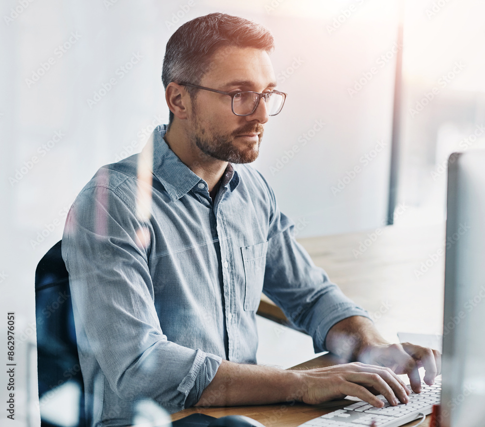 Aufkleber office, computer and business man typing at desk for project proposal, update report or feedback. ad