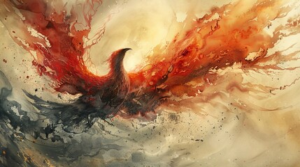 Enchanting eye-level scene where a tornado merges with a majestic phoenix, warm fiery hues blending with turbulent grays, watercolor texture for a surreal yet serene effect