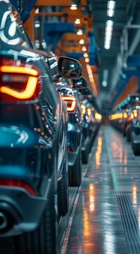 A row of cars are being manufactured in a factory. The cars are all black and have a shiny, polished appearance. The factory is brightly lit, giving the cars a sleek and modern look