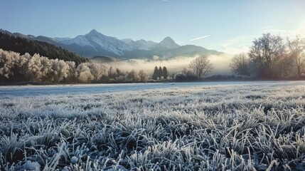 Obraz premium Frosted Meadow with Misty Mountain View