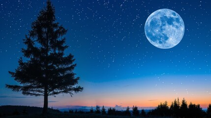 Full Moon, star and landscape scenery silhouettes.