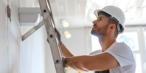 Electrician in workwear installing indoor CCTV camera on ladder in a modern home. Concept Electrician, Workwear, Indoor CCTV camera, Modern Home, Ladder Installation