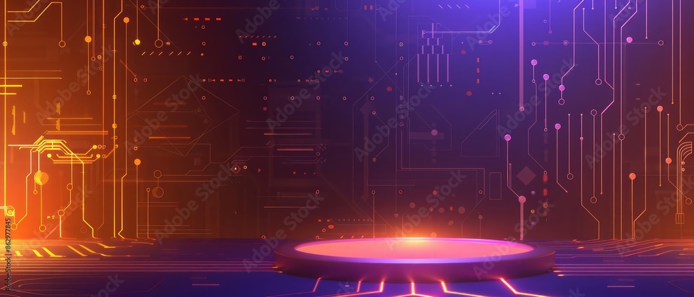 Poster a blank podium showcase featuring a glowing microchip and circuit board design