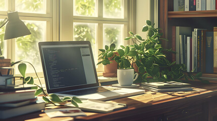 Fototapeta premium Home Office with Laptop and Books Surrounded by Indoor Plants