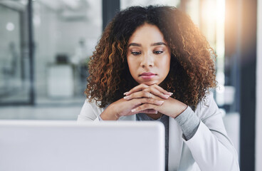 Business woman, laptop and worried in office with thinking, planning and stress at company as accountant. Female person, tech and pensive with depressed in fintech, corporate or financial agency