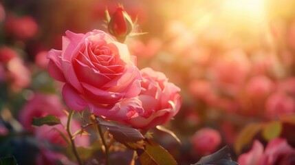 Rose flower, pink petals, summer garden, lush flora, creative banner, warm sunlight, ample copyspace, vibrant nature