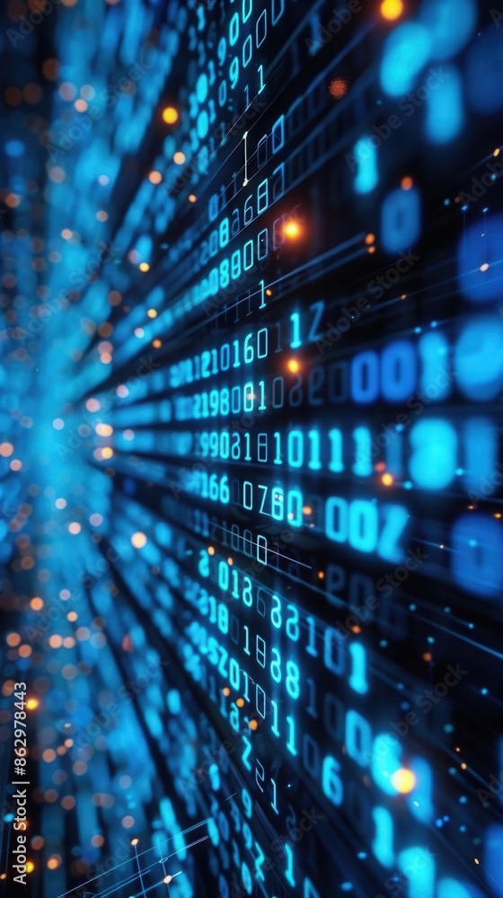 Aufkleber computer screen with blue binary data, digital background, glowing numbers, high resolution, futuris