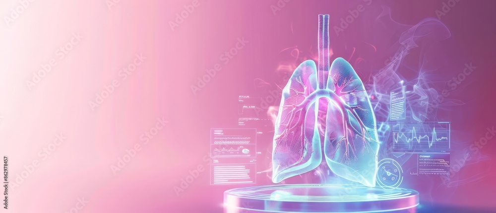 Poster a blank podium showcase featuring a holographic lung display with digital data and medical interface