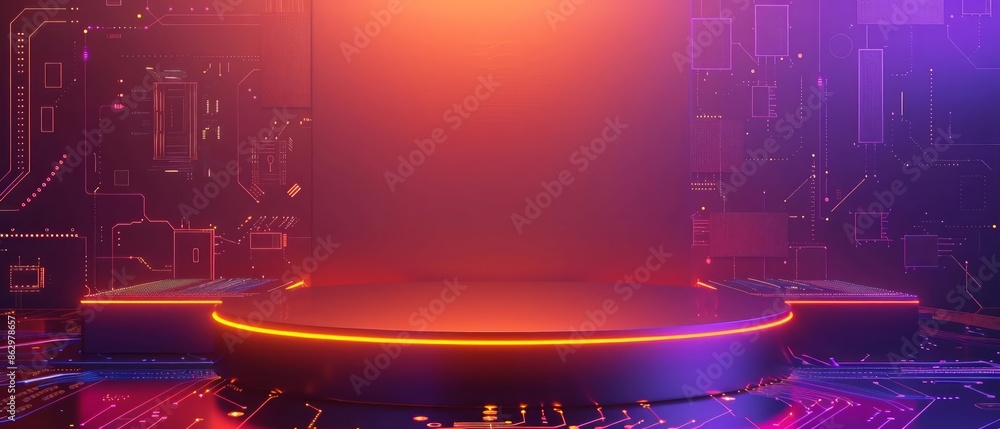 Poster a blank podium showcase featuring a glowing microchip and circuit board design