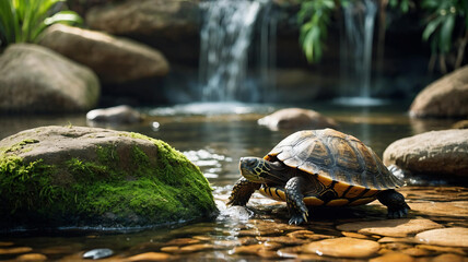 Fototapeta premium Turtle rests on rock near cascading waterfall in serene pond surrounded by green foliage. Wildlife scene