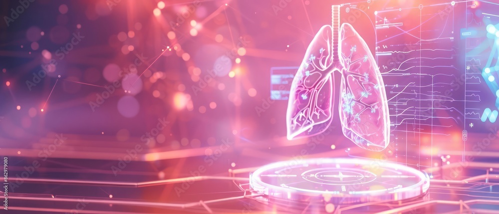 Poster a blank podium showcase featuring a holographic lung display with digital data and medical interface