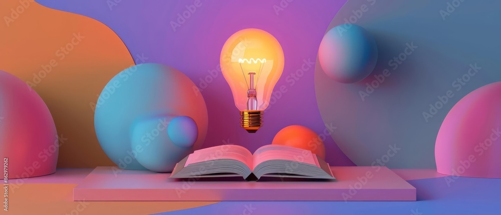 Poster a blank podium showcasing an open book with a glowing light bulb above it, surrounded by colorful ab