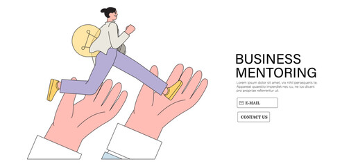 Business support mentorship employee assistance to success, helping hand or encouragement for teammate in achieving goal, businessman jump up giant hands growth ladder to progress vector illustration.
