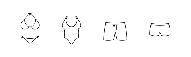 Swimsuit woman and man vector icon set. Bikini and shorts swip suit icons.