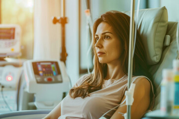 Woman Receiving Chemotherapy for Cancer Sitting in Hospital Chair with IV Drip in Hospital Room