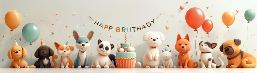 Cute cartoon dogs celebrating birthday with cake and balloons