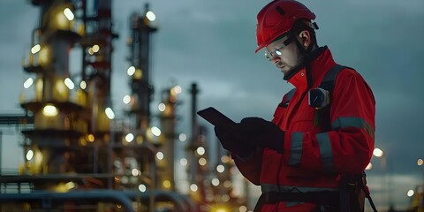 Safety-Geared Engineer Using Tablet at an Oil Refinery. Concept Industrial Technology, Safety Procedures, Oil Refinery Operations, Engineering Innovations, Tablet Applications