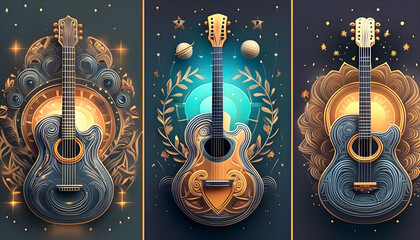 Three different simple poster of guitar with watercolor splash, on digital art concept, Generative AI.