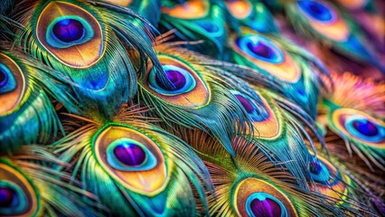 Vibrant colorful peacock feathers unfolding majestic beauty in extreme close-up, showcasing intricate eye-like patterns, delicate textures, and rich hues against a blurred bokeh background.