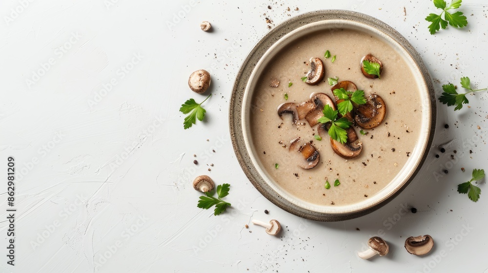 Poster creamy mushroom soup in a dish on white background top down view with empty space