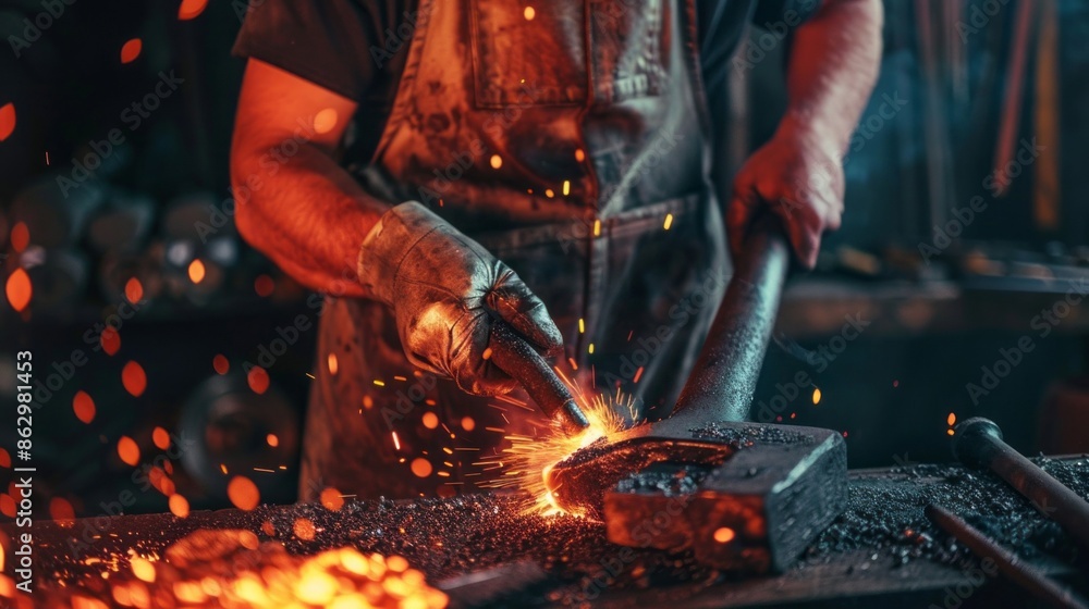 Poster a man is working with a hammer and anvil, surrounded by sparks and fire