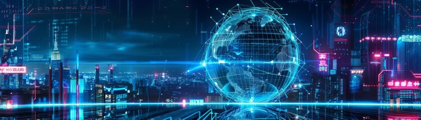 Obraz premium A futuristic scene with a holographic globe made of neon lines and points