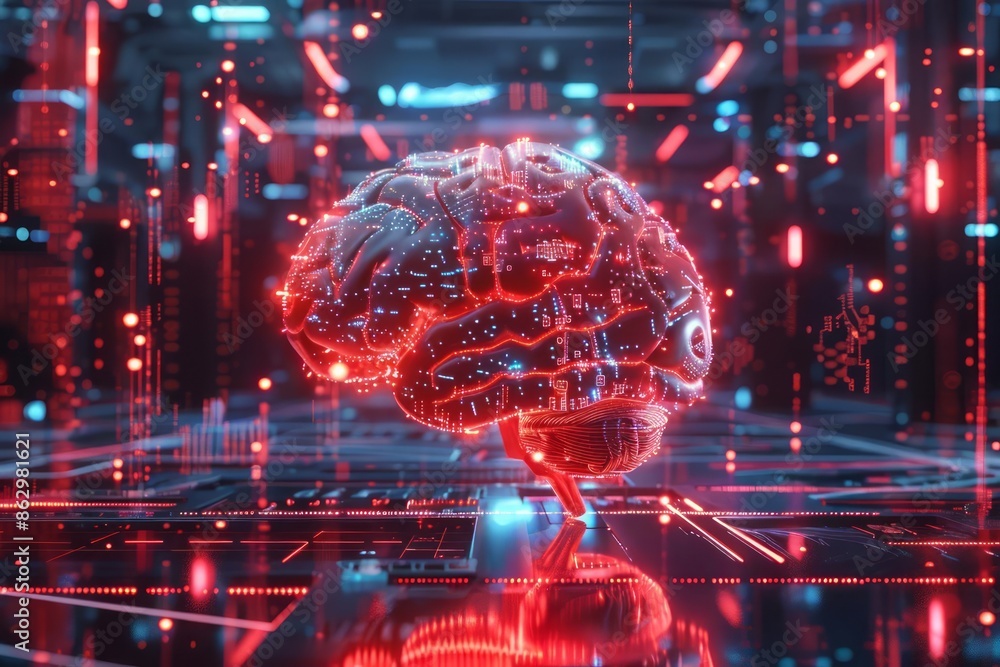 Poster A glowing digital brain embedded with circuits and lights, set in a futuristic environment with red and blue neon lights, and surrounded by data streams and holographic elements