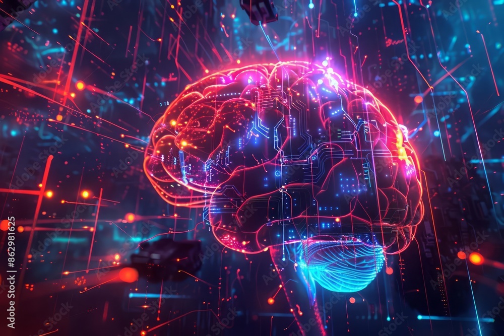 Poster a glowing digital brain embedded with circuits and lights, set in a futuristic environment with red 