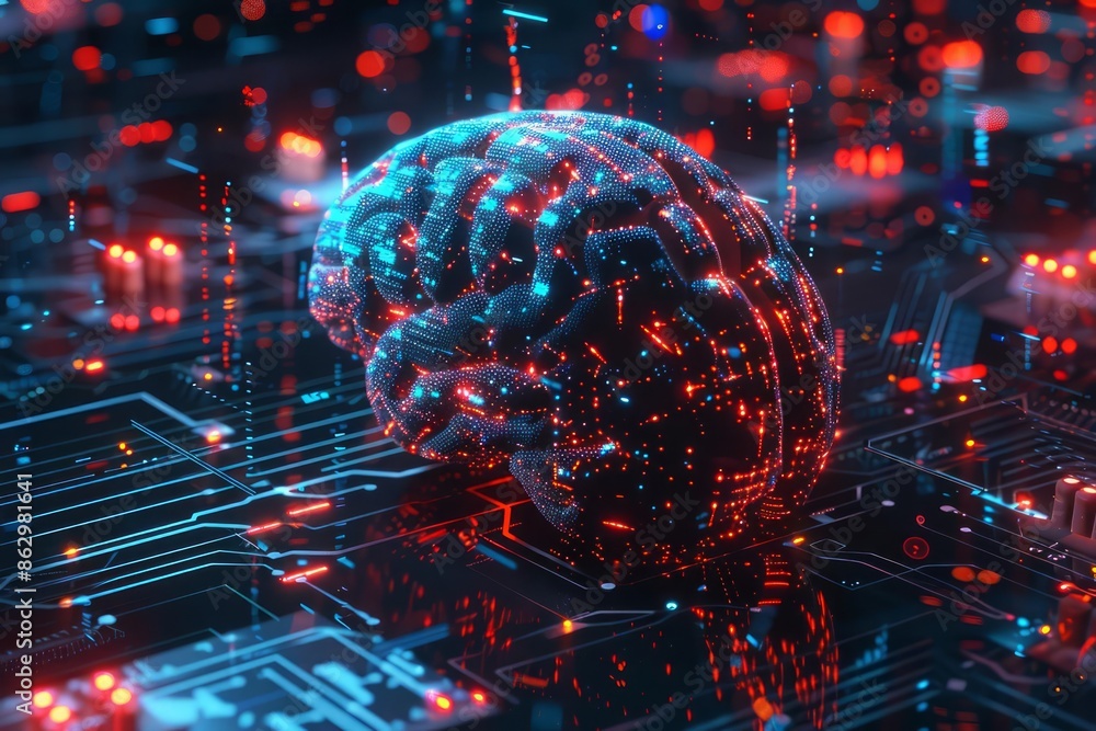 Poster A glowing digital brain embedded with circuits and lights, set in a futuristic environment with red and blue neon lights, and surrounded by data streams and holographic elements