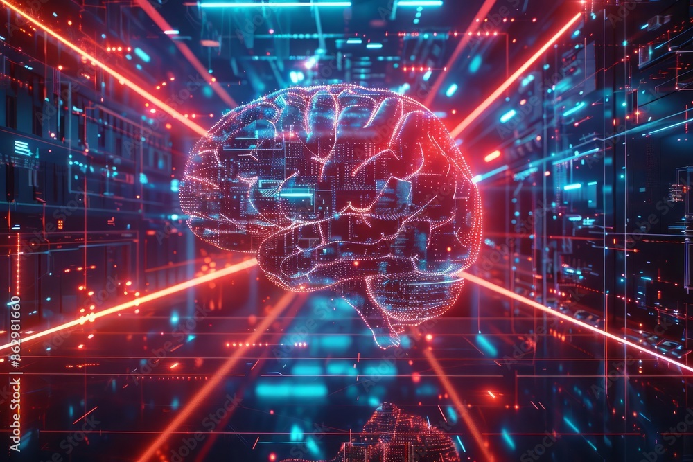 Poster a glowing digital brain embedded with circuits and lights, set in a futuristic environment with red 