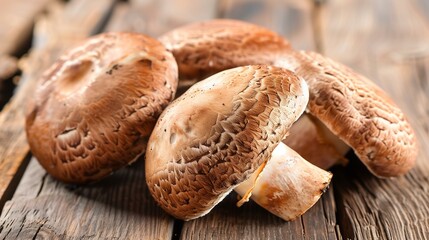 Three brown mushroom caps on wooden table, organic fungi cap grocery