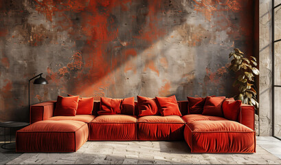 Red modular corner sofa main focus placed in room with large window concrete wall, loft architecture home