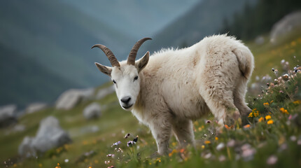 Naklejka premium a goat that is standing in the grass with flowers