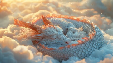 Obraz premium The beautiful Dragon slept on the clouds, looking comfortable. 