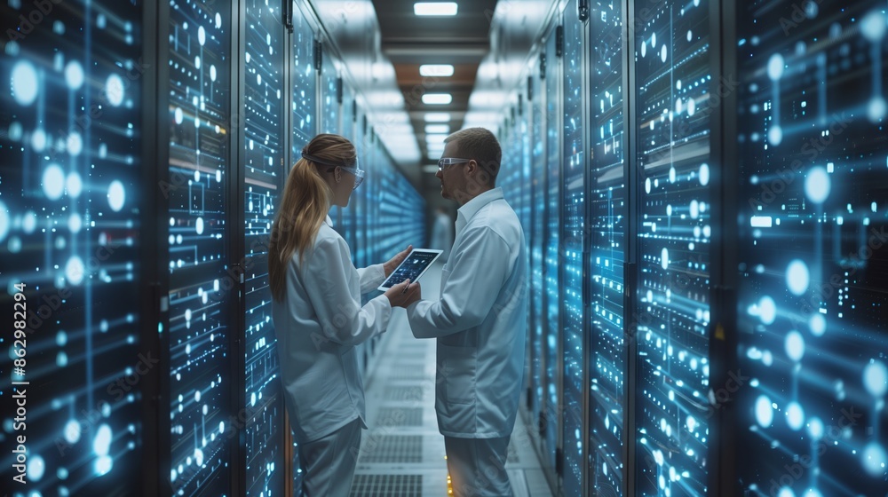 Poster two technicians discuss data center operations while reviewing digital display