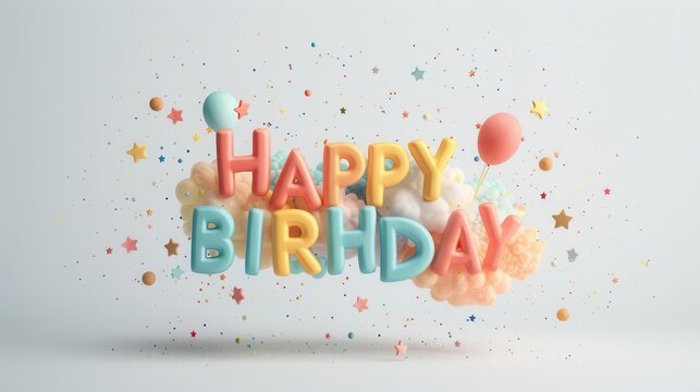 Colorful 3D Happy Birthday text on white background with confetti