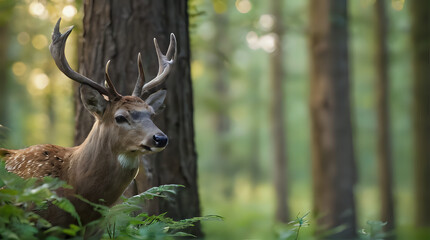 Fototapeta premium a deer that is standing in the woods with antlers