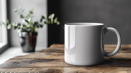 White Mug on Rustic Wooden Table.