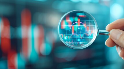 A close-up of a person's hand holding a magnifying glass over a screen displaying dynamic financial charts and graphs.