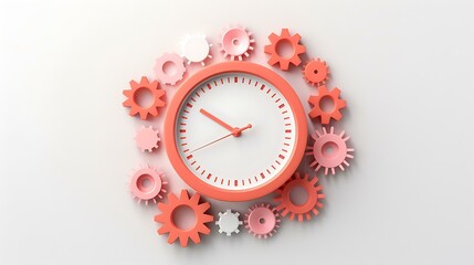 A 3D-rendered image of a clock surrounded by various interlocking gears in shades of orange and pink, representing the concept of time management and the interconnectedness of business processes.