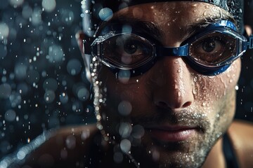 Portrait of an elite swimmer, dramatically lit from above in a minimalist studio, with glistening water droplets on chiseled features