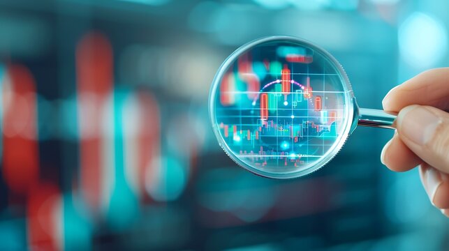 A close-up of a person's hand holding a magnifying glass over a screen displaying dynamic financial charts and graphs.