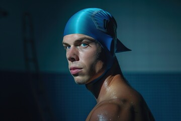 Portrait of an elite swimmer, dramatically lit from above in a minimalist studio, with glistening water droplets on chiseled features