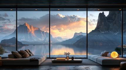 A luxurious modern lounge with a breathtaking view of a serene lake and majestic mountains bathed in the warm glow of the setting sun.