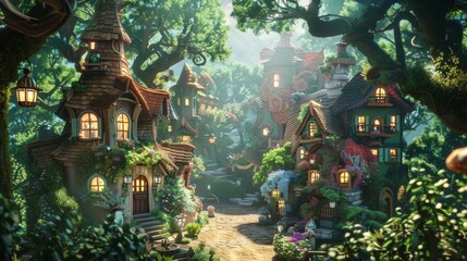 Obraz premium Illustration of A mystical village with animated houses, talking trees, and magical shops