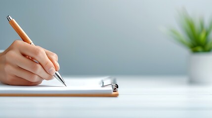 A close-up of a hand holding a pen and writing on a clipboard.
