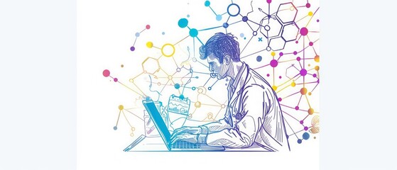 A sketch illustration of a doctor typing on a laptop, surrounded by handdrawn, glowing medical icons and connecting lines, set against a white background with a detailed aesthetic